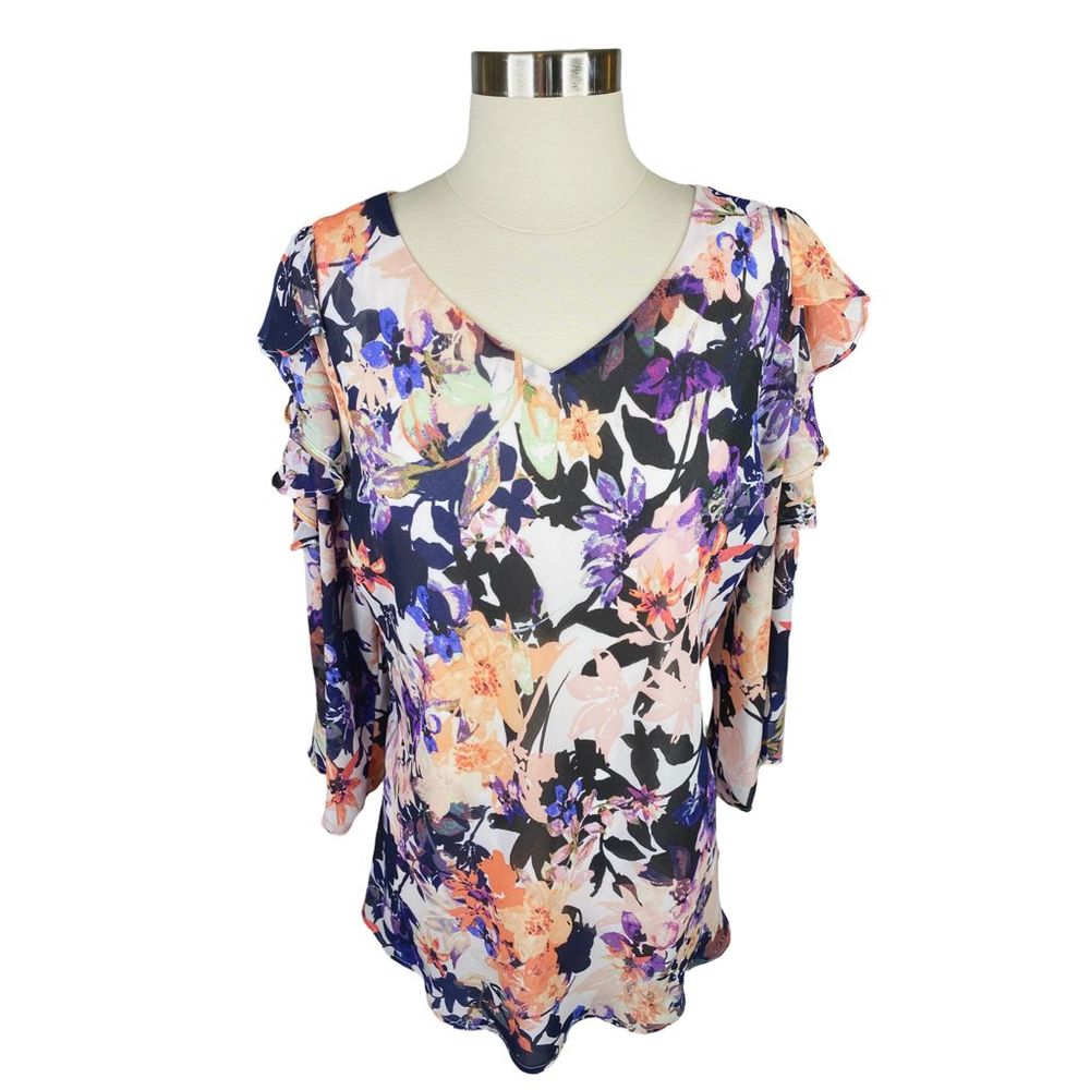 Signature Collection Ruffled Floral Cold-Shoulder Blouse - Size Large - Picture 6 of 8